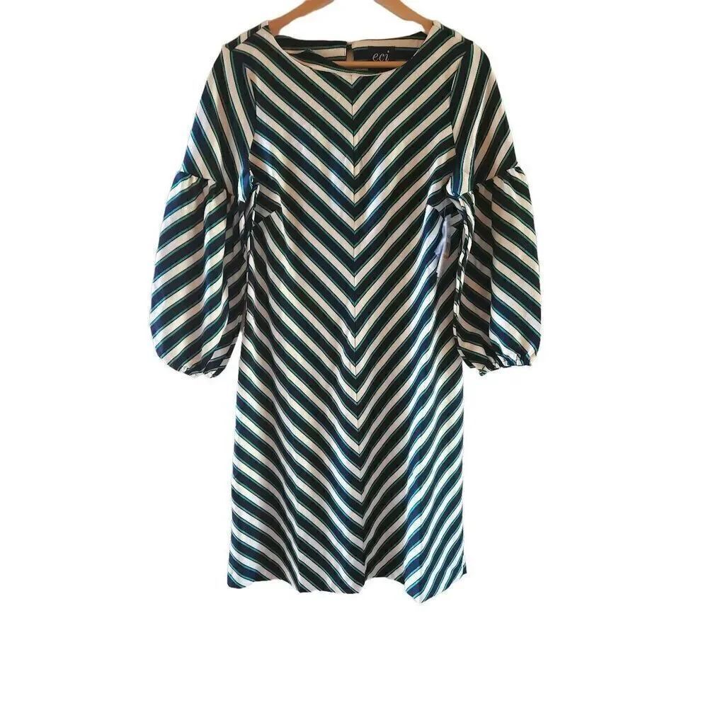 ECI New York Striped Long Puffed Sleeve Dress Navy Green White Medium